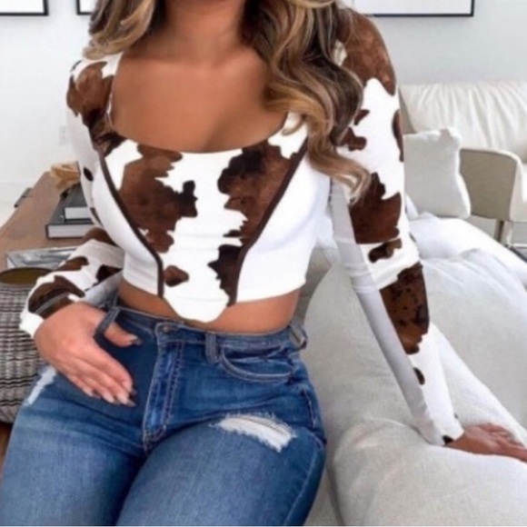 Mohair Pear boutique Tops - MOO-VE OUT OF MY WAY Cow Spot Square Neck & Cropped Body Long Sleeve Crop Shirt